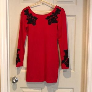 Long Sleeve Tight Red Dress with Lace Detail